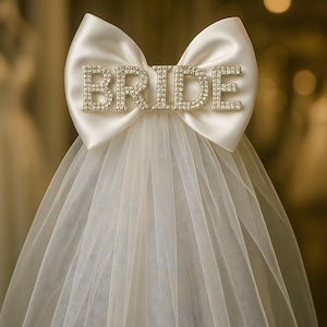Elegant Bride Bow Veil | Rhinestone Wedding Headpiece | Bridal Shower Hair Accessory | Bachelorette Tiara Alternative | White Satin Bow Veil