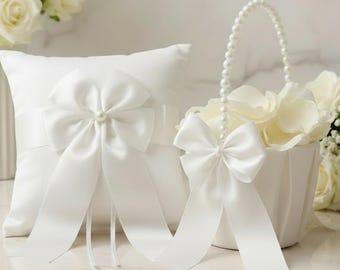 White Satin Flower Girl Basket Ring Bearer Pillow Set Pearl Handle Wedding Basket Classic Bow Traditional Bridal Party Ceremony Decor