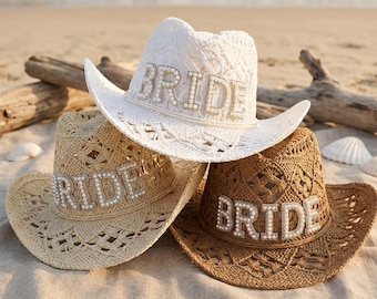 Bride Cowboy Hat Bachelorette Beach Hat Pearl Rhinestone Bride Straw Hat Bach Party Cowgirl Hat Bridal Shower Gift Bride To Be Hat