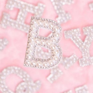 Pearl Rhinestone Letter Patches A-Z | Iron On Alphabet Appliques | DIY Clothing Embellishments | Hat Bag Decoration | Glue and Sew On Craft
