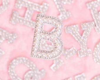 Pearl Rhinestone Letter Patches A-Z | Iron On Alphabet Appliques | DIY Clothing Embellishments | Hat Bag Decoration | Glue and Sew On Craft