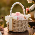 Flower Girl Boho Basket with Pearl Beaded Handle | Small Rustic Wedding Petal Basket | Wicker Flower Basket for Bridal Ceremony Decor