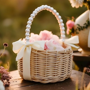 Bohomand voor bloemenmeisjes met handvat met parelkralen | Kleine rustieke mand met bloemblaadjes | Rieten bloemenmand voor decoratie bruidsceremonie