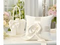 Wedding Ring Bearer Pillow and Flower Girl Basket Set | Ivory Satin Bow Bridal Accessories | White Pearl Ceremony Decor for Wedding
