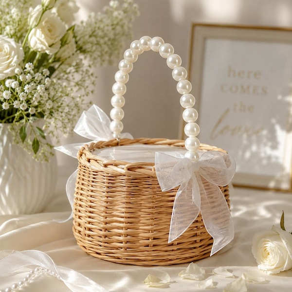 Bloemenmeisjesmand Parelhandvat Rieten Rustiek Bloemblaadje Mand Boho Bruidshuwelijksceremonie Decor Bloemenmeisje Accessoires Satijnen lint