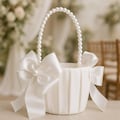 White Satin Flower Girl Basket Pearl Handle Wedding Ceremony Bow Petal Basket Bridal Party Elegant Classic Traditional Reception Decor