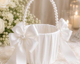 Weiß Satin Blumenmädchen Korb Ringkissen Kissen Set Perle Griff Hochzeitskorb Klassische Bogen Traditionelle Braut Party Zeremonie Dekor