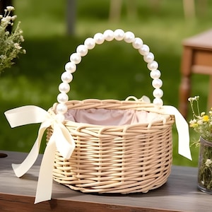 Flower Girl Boho Basket with Pearl Beaded Handle | Small Rustic Wedding Petal Basket | Wicker Flower Basket for Bridal Ceremony Decor