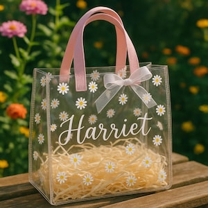 Personalisierte klare Daisy Tasche | Blumenmädchen Geschenktüte | Brautjungfer Geschenk | Individuelle Namenstasche Hochzeit Party Geschenk Brautparty Baby Shower Ostern