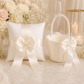 Ivory flower girl basket ring bearer pillow set satin bow white pearl wedding ceremony decor bridal accessories boho rustic elegant