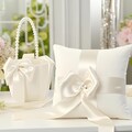 Wedding Ring Bearer Pillow and Flower Girl Basket Set | Ivory Satin Bow Bridal Accessories | White Pearl Ceremony Decor for Wedding