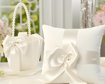 Wedding Ring Bearer Pillow and Flower Girl Basket Set | Ivory Satin Bow Bridal Accessories | White Pearl Ceremony Decor for Wedding
