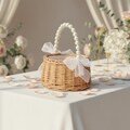 Rustic Flower Girl Basket with Pearl Handle | Wedding Ceremony Petal Basket | Boho Bridal Basket | Wicker Basket with Ribbon Bows