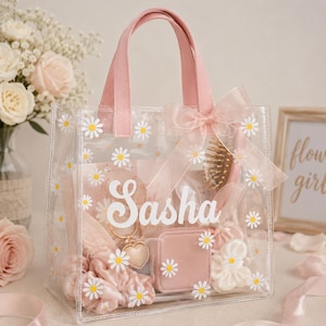 Fourre-tout transparent personnalisé à motif marguerite | Sac cadeau fille d'honneur | Cadeau de demoiselle d'honneur | Sac prénom personnalisé Cadeau de noce Shower nuptiale Baby shower Pâques
