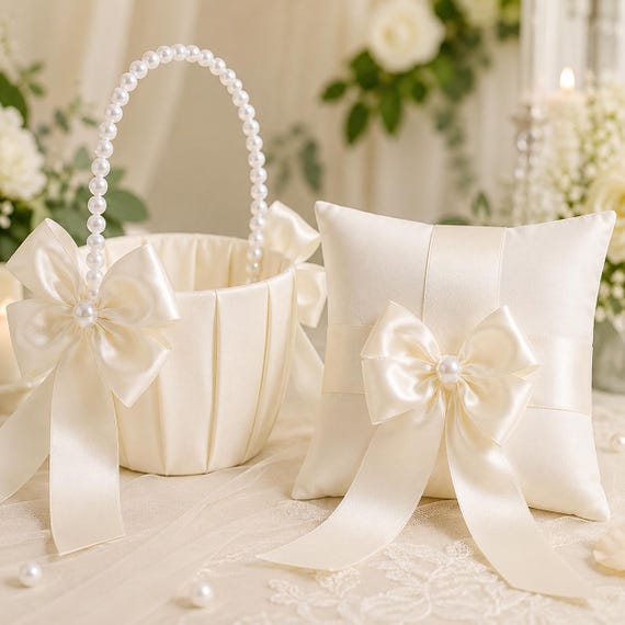 Elfenbeinfarbenes Blumenmädchen-Körbchen, Ringkissen-Set mit Satinschleife und weißen Perlen, Hochzeitsdekoration, Brautaccessoires, Boho-Stil, rustikal, elegant