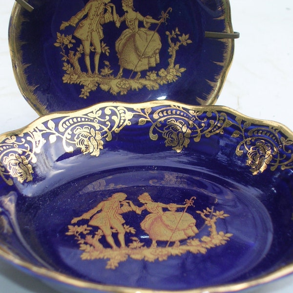 Limoges Cobalt Blue and Gold Small Plates Pair