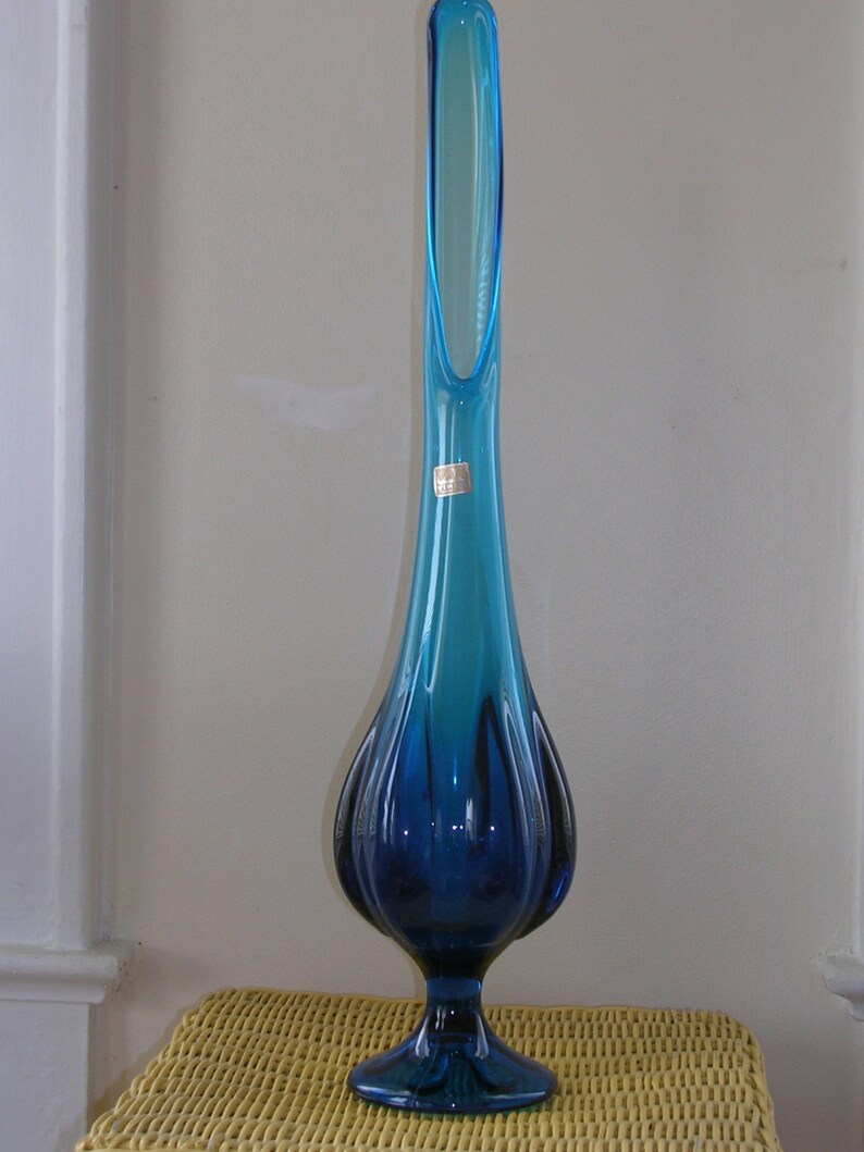 Viking Glass Peacock Blue Vase Footed Tall NOS Etsy