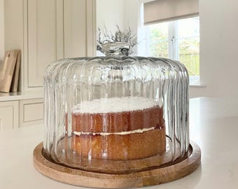 Reeded Glass Cloche With Wooden Base, Cake Stand or Food Cover
