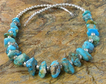 Large Bold Blue Gem Mine Turquoise with NOS Sterling Silver Bench Beads 26" Necklace