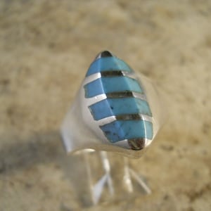 Vintage Sterling Silver Inlay Turquoise Ring Size 12 1/2 Hallmarked