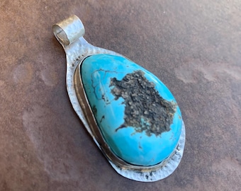 Blue Cripple Creek Turquoise Textured Sterling Pendant