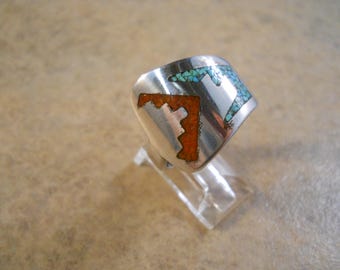 Vintage Sterling Silver William Singer Inlay Turquoise and Coral Ring Size 10 1/2
