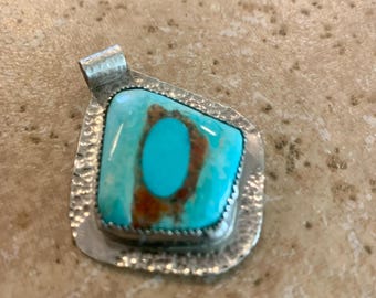 Blue Cripple Creek Turquoise Red Coral Sterling Silver Pendant