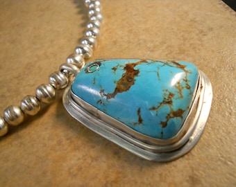 Spectacular NOS Sterling Silver Bench Bead Cripple Creek Turquoise Pendant 24" Graduated Necklace