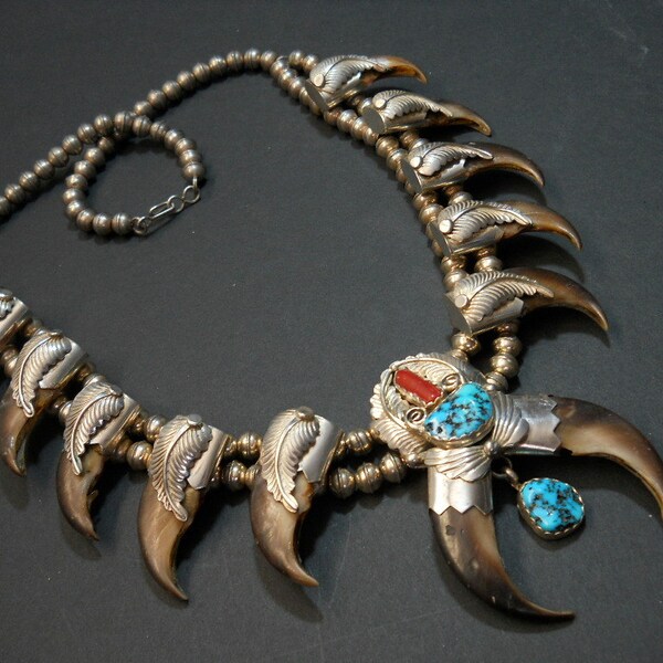 Authentic Vintage Navajo Signed Bear Claw Sterling Silver Squash Blossom Necklace