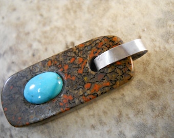 Petrified Dinosaur Bone with Cripple Creek Turquoise Sterling Silver Pendant