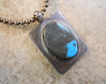 Oval Blackjack Turquoise Tarnished Rectangular Sterling Pendant and Necklace