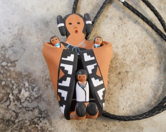 Zuni Artist Mary Lou Kokaly Storyteller Pottery Bolo Tie with Sterling Silver tips