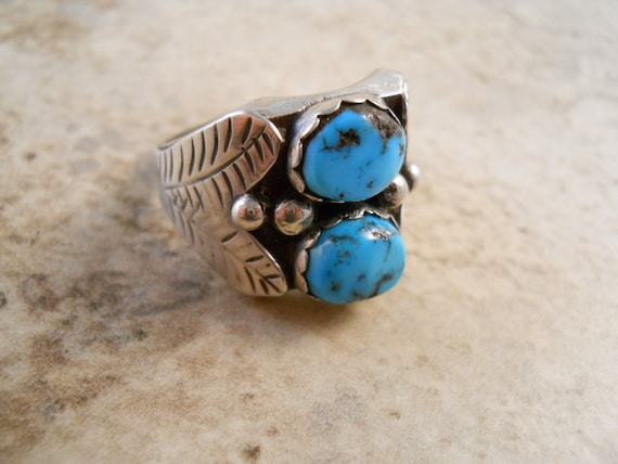 Navajo Albert Francisco Two turquoise stone sterling silver ring size 11