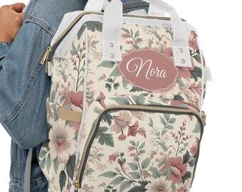 Mochila de pañales personalizada con diseño de jardín botánico, diseño floral rosa para niña, libro de cuentos vintage