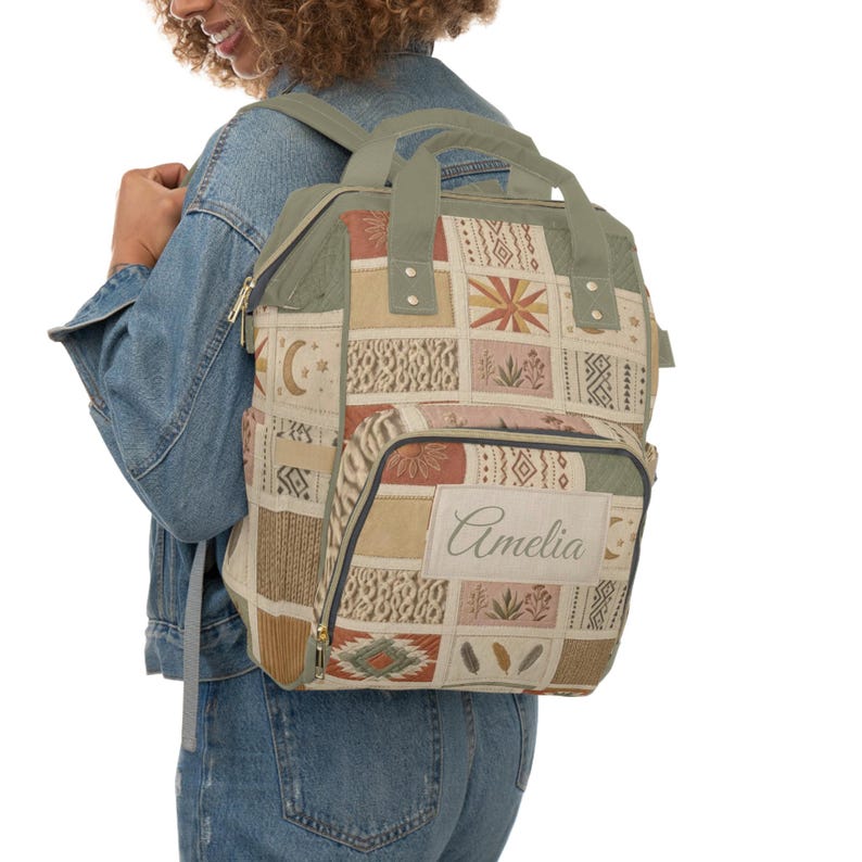 Boho Patchwork Pattern Diaper Backpack | Personalized Name Mommy Backpack | Baby Shower Gift | Travel Backpack for Mom image 3