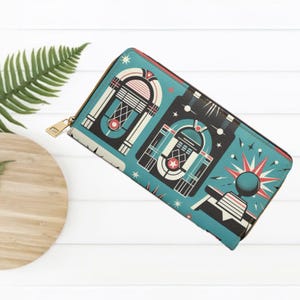 Monedero con cremallera estilo Jukebox retro, accesorio divertido con música vintage para amantes de la música, regalo para cumpleaños, Navidad o festivales.