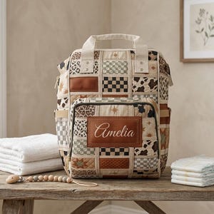 Plecak na pieluchy z nadrukiem patchworkowym, imitacja kołdry, spersonalizowany, torba na pieluchy w kratkę, prezent na baby shower z nadrukiem zwierzęcym, estetyczna torba dla mamy w stylu boho western