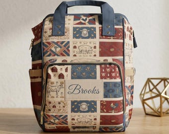 Country Patchwork Farm Animals Diaper Backpack | Personalized Baby Bag | Farmer backpack | Mom Backpack