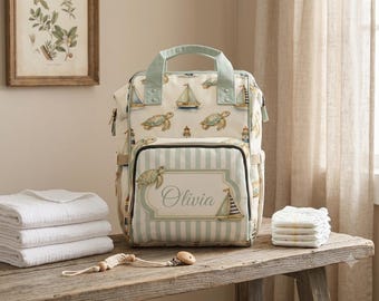 Wasser Schildkröte und Leuchtturm Windel Rucksack für Mama | Personalisierter Name | Küsten Babytasche | Mama Rucksack