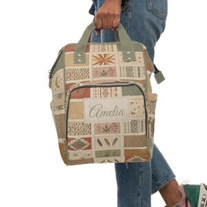 Boho Patchwork Pattern Diaper Backpack | Personalized Name Mommy Backpack | Baby Shower Gift | Travel Backpack for Mom image 2