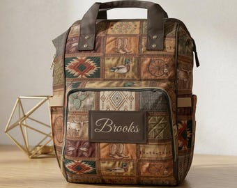 Western Patchwork pattern Diaper Backpack | Personalized Name Rustic Cowboy baby bag | Dad Backpack | Country Mama Bag