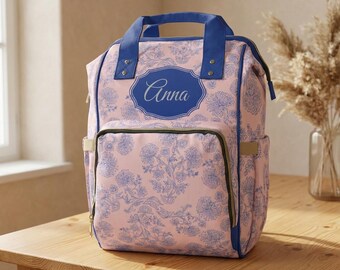 Personalized Floral Name Diaper Bag Backpack | Blush Meringue Cobalt Blue