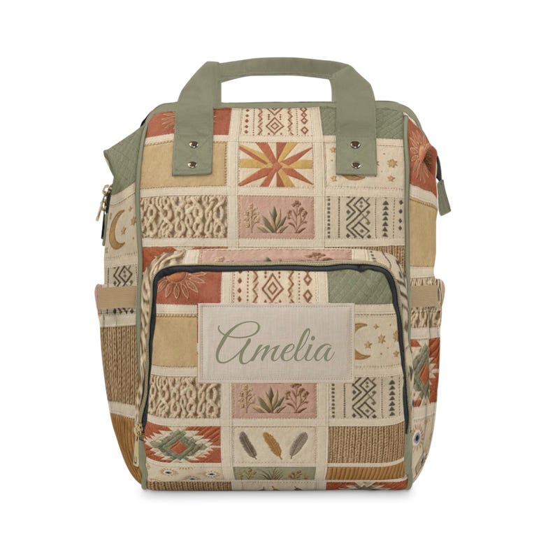 Boho Patchwork Pattern Diaper Backpack | Personalized Name Mommy Backpack | Baby Shower Gift | Travel Backpack for Mom image 5