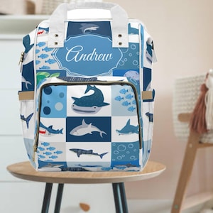 Personalized Shark Diaper Bag Backpack for Parents Custom Name Baby Shower Gift Nappy Bag Fish Underwater Sealife Backpack Travel Diaper Bag