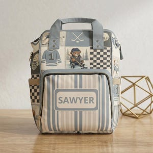 Mochila cambiador con diseño de osito de peluche de hockey y patchwork para papá / Regalo personalizado para bebé / Mochila para mamá / Regalo para papá primerizo