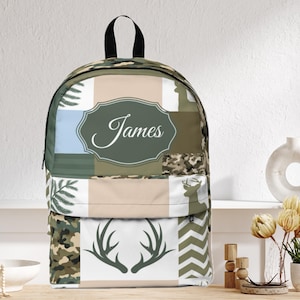 Personalized Camo Hunting Antlers Backpack Custom School Bag Outdoor Camouflage Bookbag Unique Gift for Hunters Vintage Hiking Knapsack
