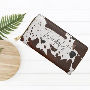 Portefeuille à fermeture éclair Wanderlust, pochette à imprimé vache pour les amateurs de voyage, cadeau idéal pour un ami, organisateur pour sac à main, porte-carte de crédit, cadeau pour sœur