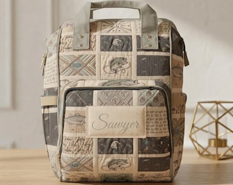 Fishing Patchwork Diaper Backpack | Personalized Name Diaper Bag | Dad Backpack | Baby Boy Diaper Bag