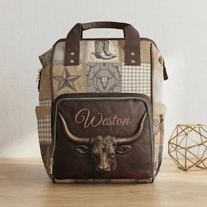Western Patchwork Longhorn Leather Accent Look Diaper Backpack for Dad | Personalized Dad Backpack | Western Theme | Country Nursery