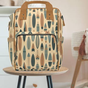 Vintage Surf Board Diaper Backpack - Travel Baby Bag, Beach Theme Nappy Pack, Retro Surfing Diaper Bag, Coastal Nursery organizer Parent Bag